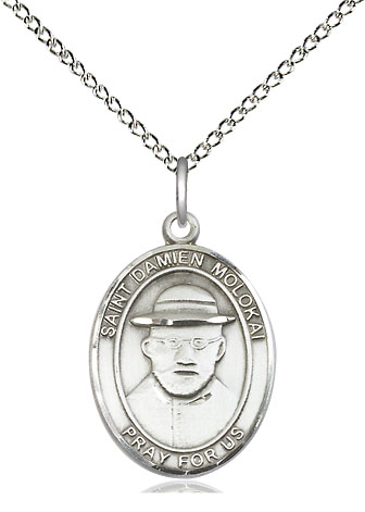 Sterling Silver Saint Damien of Molokai Pendant on a 18 inch Sterling Silver Light Curb chain