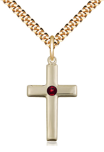 14kt Gold Filled Cross Pendant with a 3mm Garnet Swarovski stone on a 24 inch Gold Plate Heavy Curb chain