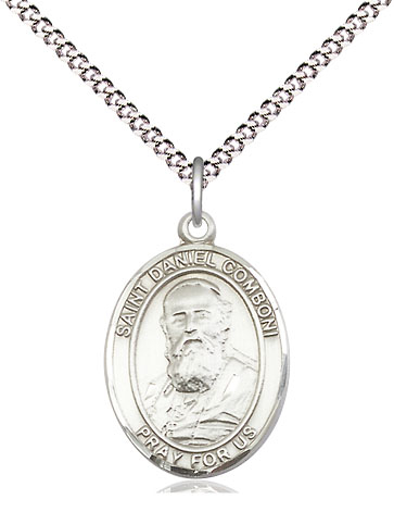 Sterling Silver Saint Daniel Comboni Pendant on a 18 inch Light Rhodium Light Curb chain