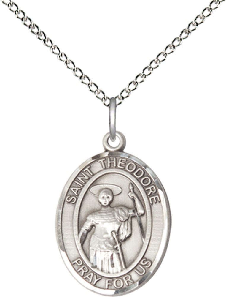 Sterling Silver Saint Theodore Stratelates Pendant on a 18 inch Sterling Silver Light Curb chain