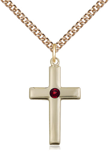 14kt Gold Filled Cross Pendant with a 3mm Garnet Swarovski stone on a 24 inch Gold Filled Heavy Curb chain