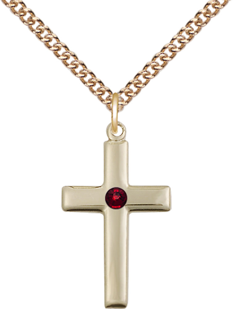 14kt Gold Filled Cross Pendant with a 3mm Garnet Swarovski stone on a 24 inch Gold Filled Heavy Curb chain