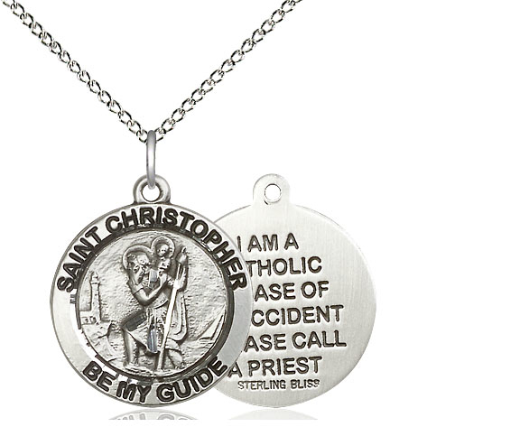 Sterling Silver Saint Christopher Pendant on a 18 inch Sterling Silver Light Curb chain