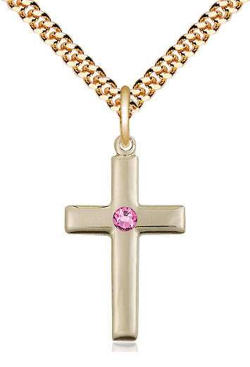 14kt Gold Filled Cross Pendant with a 3mm Rose Swarovski stone on a 24 inch Gold Plate Heavy Curb chain