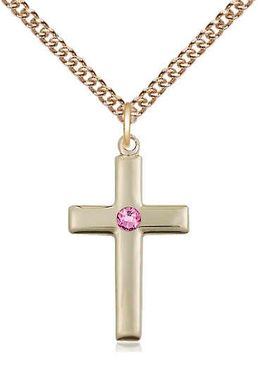 14kt Gold Filled Cross Pendant with a 3mm Rose Swarovski stone on a 24 inch Gold Filled Heavy Curb chain