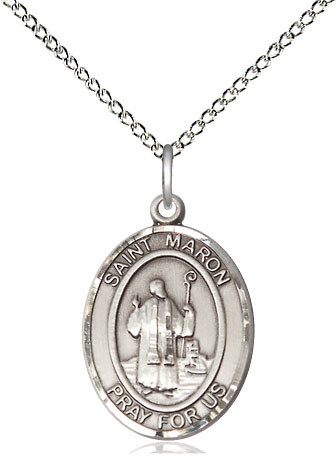 Sterling Silver Saint Maron Pendant on a 18 inch Sterling Silver Light Curb chain