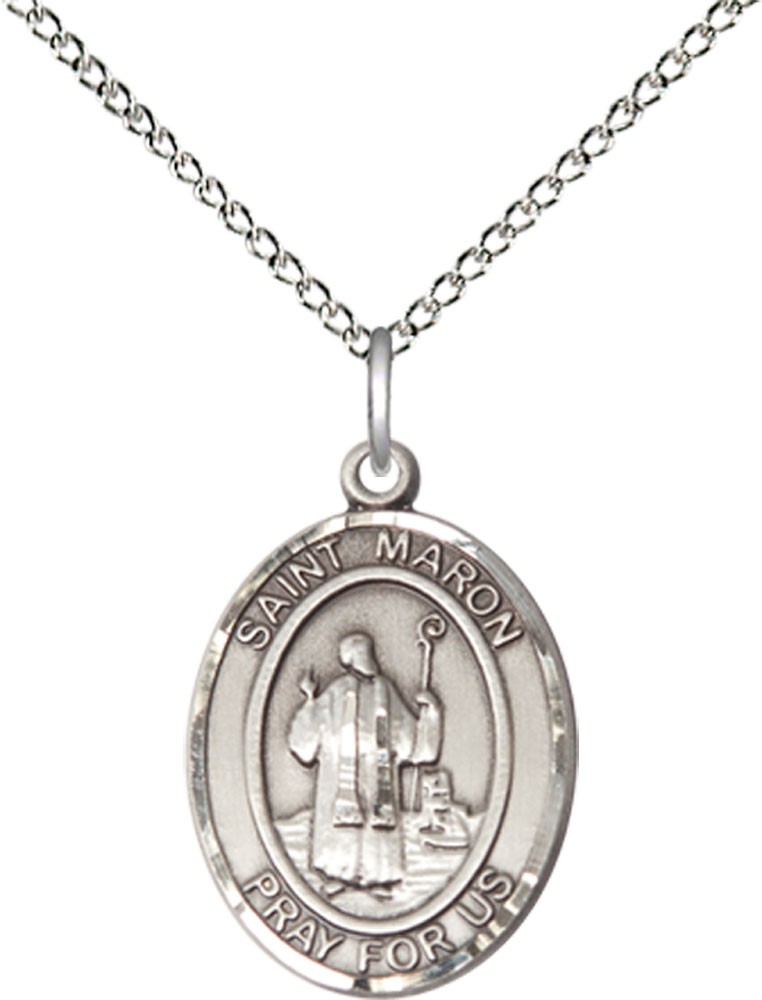 Sterling Silver Saint Maron Pendant on a 18 inch Sterling Silver Light Curb chain