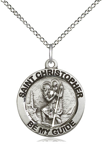Sterling Silver Saint Christopher Pendant on a 18 inch Sterling Silver Light Curb chain