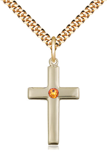 14kt Gold Filled Cross Pendant with a 3mm Topaz Swarovski stone on a 24 inch Gold Plate Heavy Curb chain