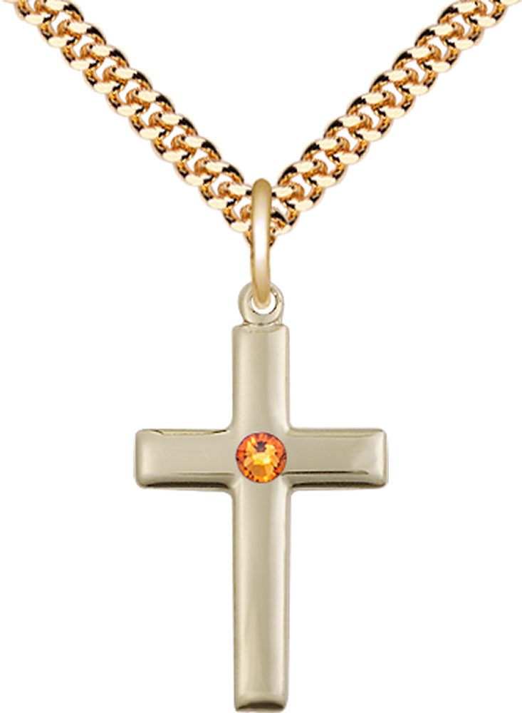 14kt Gold Filled Cross Pendant with a 3mm Topaz Swarovski stone on a 24 inch Gold Plate Heavy Curb chain