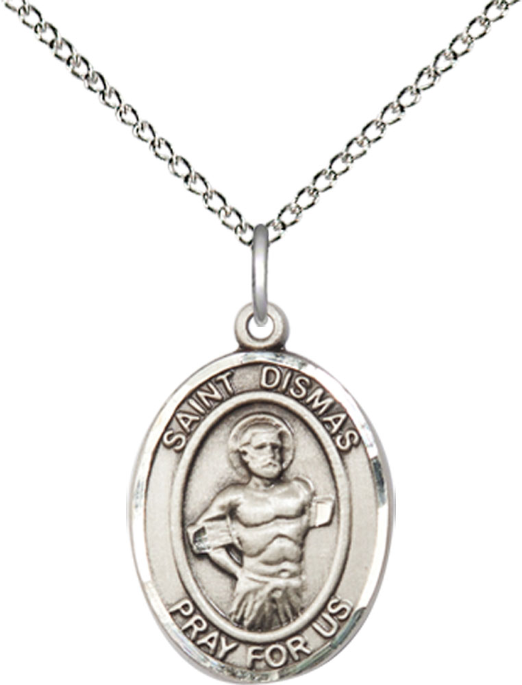 Sterling Silver Saint Dismas Pendant on a 18 inch Sterling Silver Light Curb chain