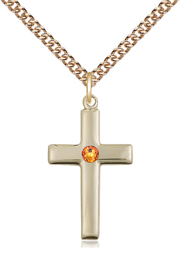 14kt Gold Filled Cross Pendant with a 3mm Topaz Swarovski stone on a 24 inch Gold Filled Heavy Curb chain