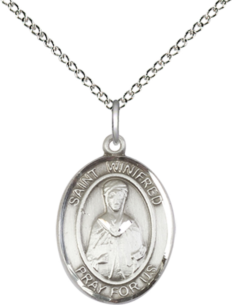 Sterling Silver Saint Winifred of Wales Pendant on a 18 inch Sterling Silver Light Curb chain