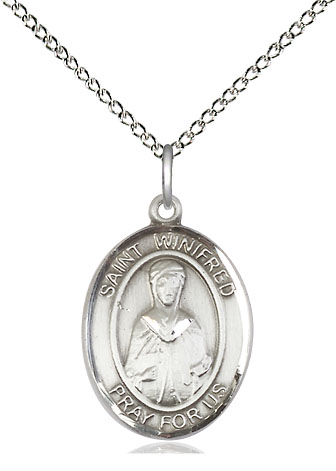 Sterling Silver Saint Winifred of Wales Pendant on a 18 inch Sterling Silver Light Curb chain