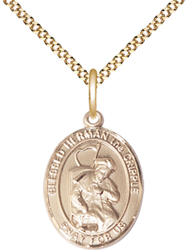 14kt Gold Filled Blessed Herman the Cripple Pendant on a 18 inch Gold Plate Light Curb chain