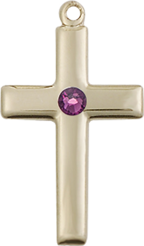 14kt Gold Filled Cross Medal with a 3mm Amethyst Swarovski stone