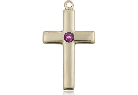 14kt Gold Filled Cross Medal with a 3mm Amethyst Swarovski stone