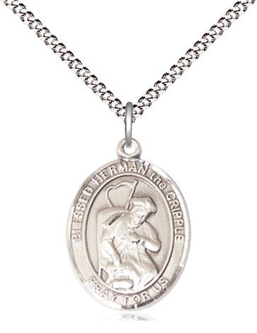 Sterling Silver Blessed Herman the Cripple Pendant on a 18 inch Light Rhodium Light Curb chain