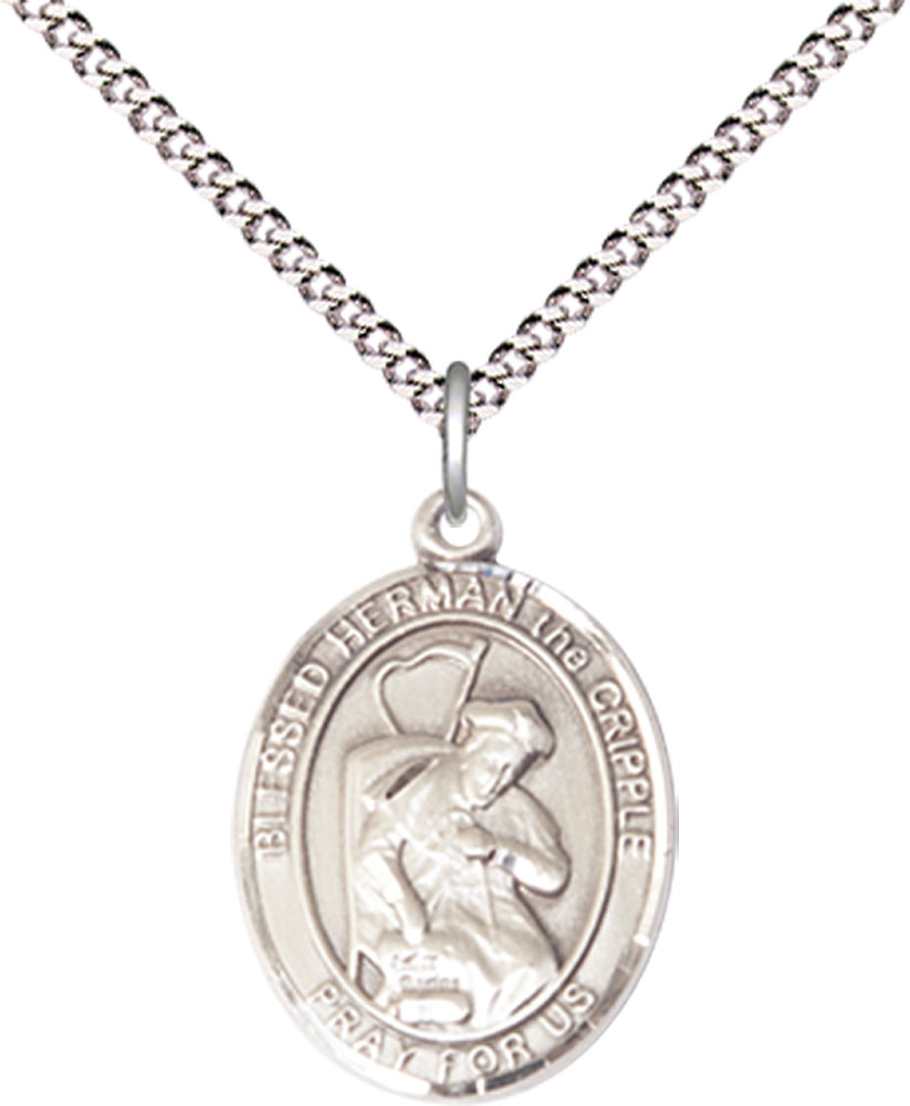 Sterling Silver Blessed Herman the Cripple Pendant on a 18 inch Light Rhodium Light Curb chain