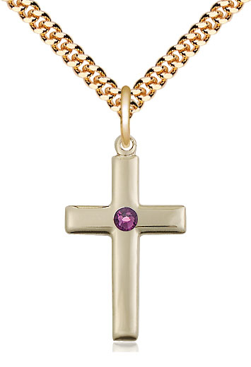 14kt Gold Filled Cross Pendant with a 3mm Amethyst Swarovski stone on a 24 inch Gold Plate Heavy Curb chain