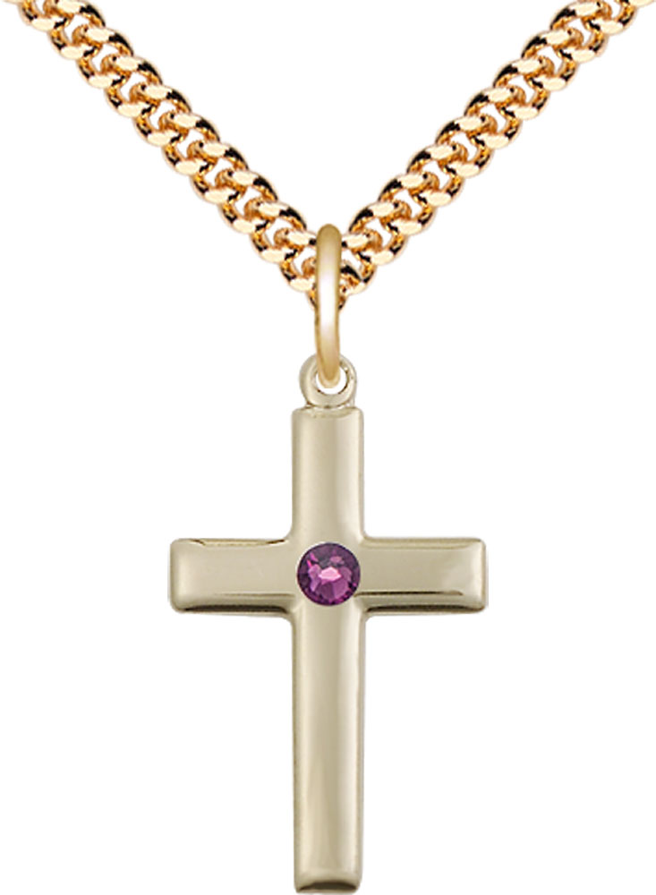 14kt Gold Filled Cross Pendant with a 3mm Amethyst Swarovski stone on a 24 inch Gold Plate Heavy Curb chain