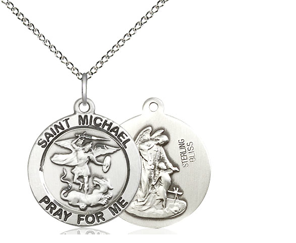 Sterling Silver Saint Michael the Archangel Pendant on a 18 inch Sterling Silver Light Curb chain