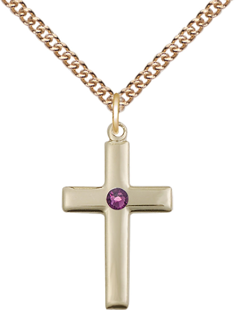 14kt Gold Filled Cross Pendant with a 3mm Amethyst Swarovski stone on a 24 inch Gold Filled Heavy Curb chain