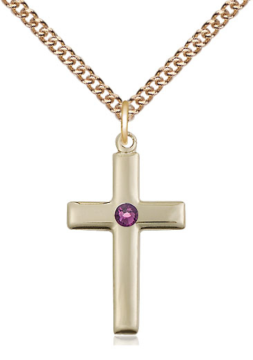 14kt Gold Filled Cross Pendant with a 3mm Amethyst Swarovski stone on a 24 inch Gold Filled Heavy Curb chain