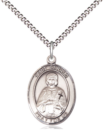 Sterling Silver Saint Gerald Pendant on a 18 inch Light Rhodium Light Curb chain