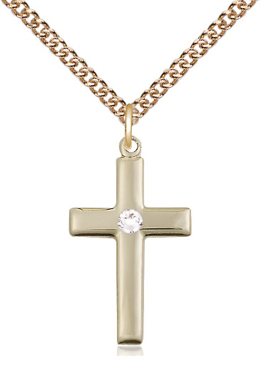 14kt Gold Filled Cross Pendant with a 3mm Crystal Swarovski stone on a 24 inch Gold Filled Heavy Curb chain