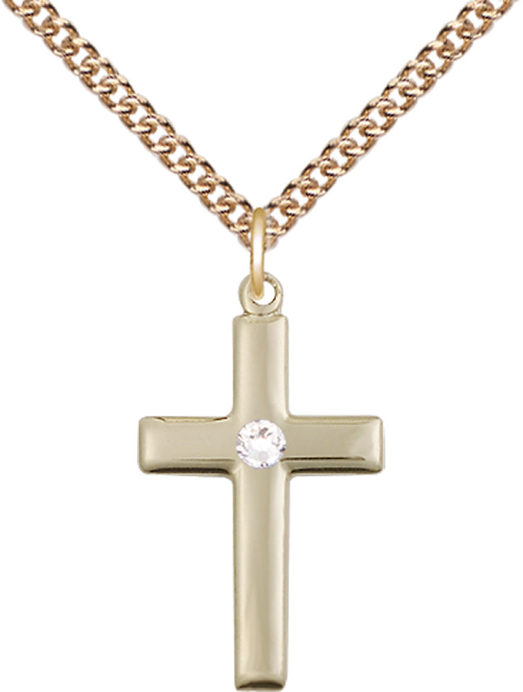 14kt Gold Filled Cross Pendant with a 3mm Crystal Swarovski stone on a 24 inch Gold Filled Heavy Curb chain