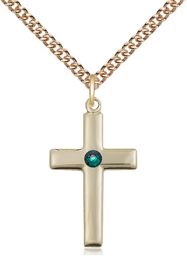 14kt Gold Filled Cross Pendant with a 3mm Emerald Swarovski stone on a 24 inch Gold Filled Heavy Curb chain