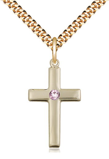 14kt Gold Filled Cross Pendant with a 3mm Light Amethyst Swarovski stone on a 24 inch Gold Plate Heavy Curb chain