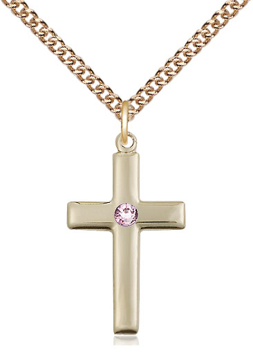 14kt Gold Filled Cross Pendant with a 3mm Light Amethyst Swarovski stone on a 24 inch Gold Filled Heavy Curb chain