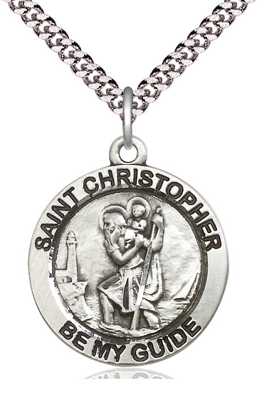 Sterling Silver Saint Christopher Pendant on a 24 inch Light Rhodium Heavy Curb chain