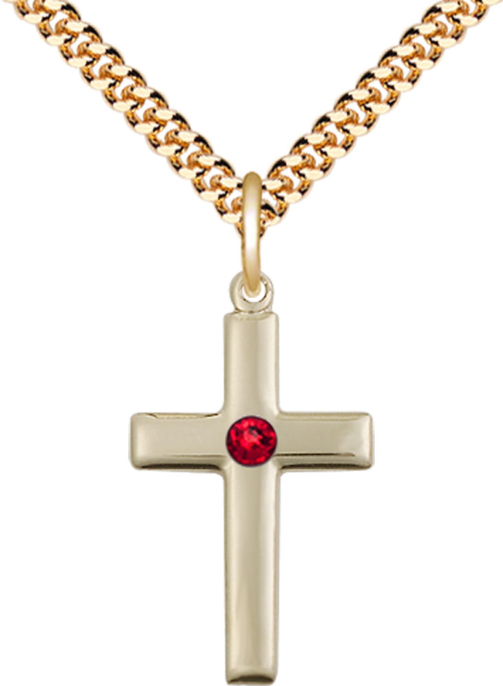 14kt Gold Filled Cross Pendant with a 3mm Ruby Swarovski stone on a 24 inch Gold Plate Heavy Curb chain