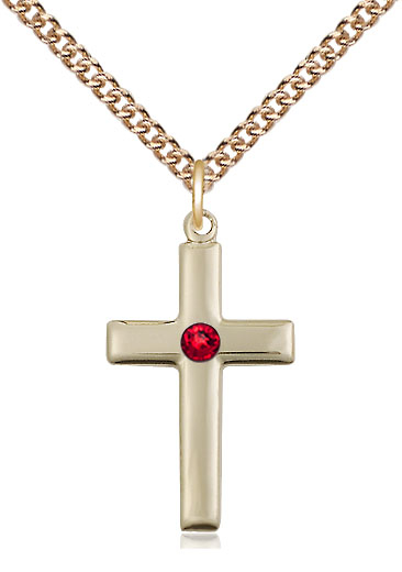 14kt Gold Filled Cross Pendant with a 3mm Ruby Swarovski stone on a 24 inch Gold Filled Heavy Curb chain