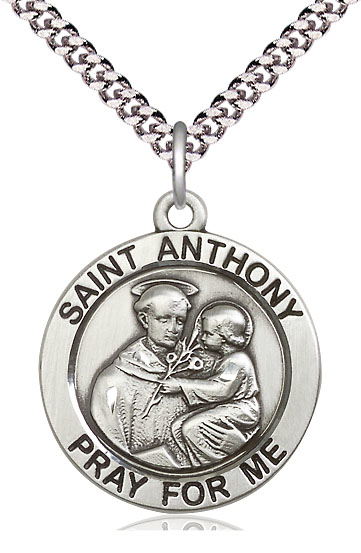 Sterling Silver Saint Anthony Pendant on a 24 inch Light Rhodium Heavy Curb chain