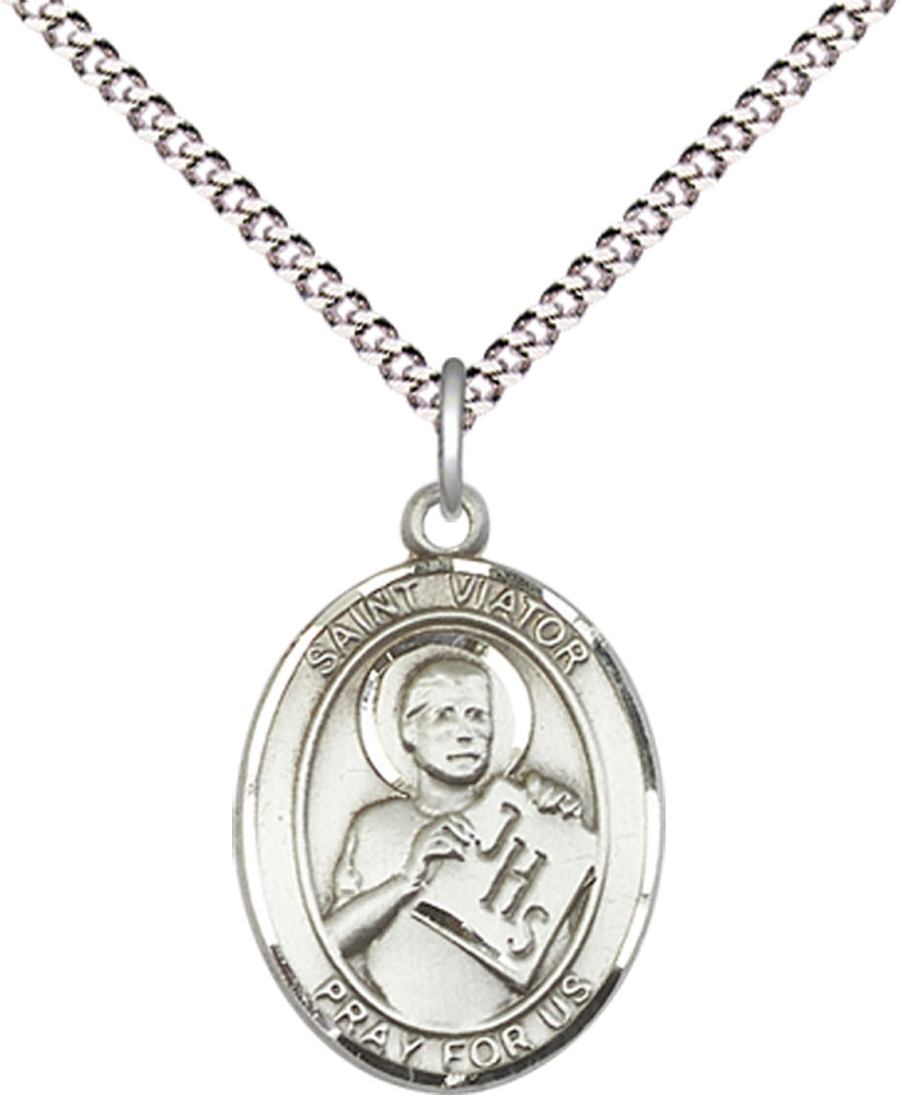 Sterling Silver Saint Viator of Bergamo Pendant on a 18 inch Light Rhodium Light Curb chain
