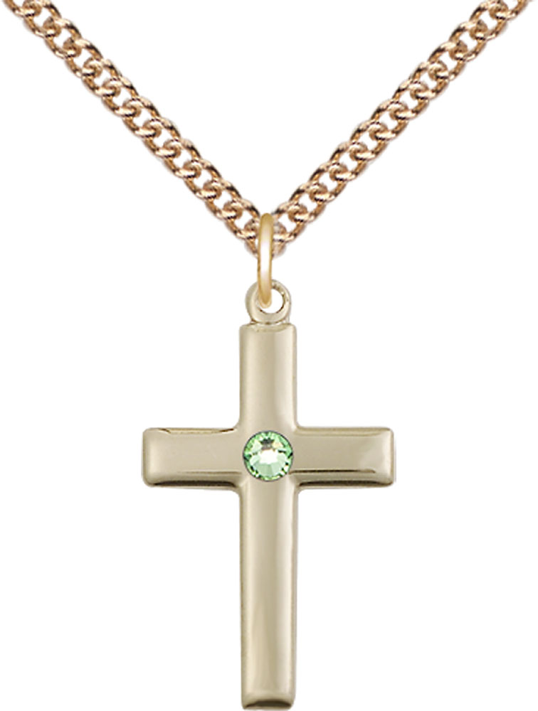 14kt Gold Filled Cross Pendant with a 3mm Peridot Swarovski stone on a 24 inch Gold Filled Heavy Curb chain