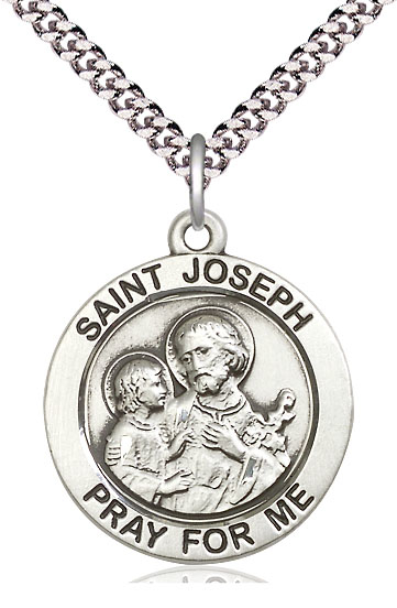 Sterling Silver Saint Joseph Pendant on a 24 inch Light Rhodium Heavy Curb chain