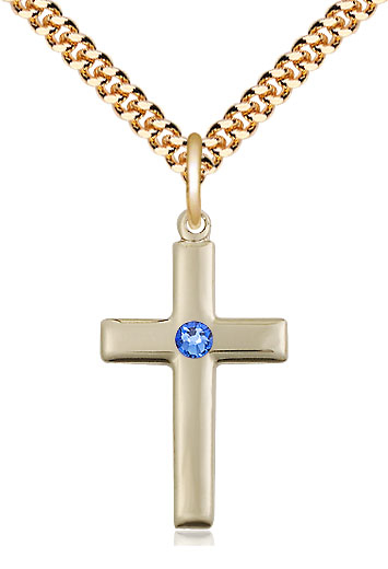 14kt Gold Filled Cross Pendant with a 3mm Sapphire Swarovski stone on a 24 inch Gold Plate Heavy Curb chain
