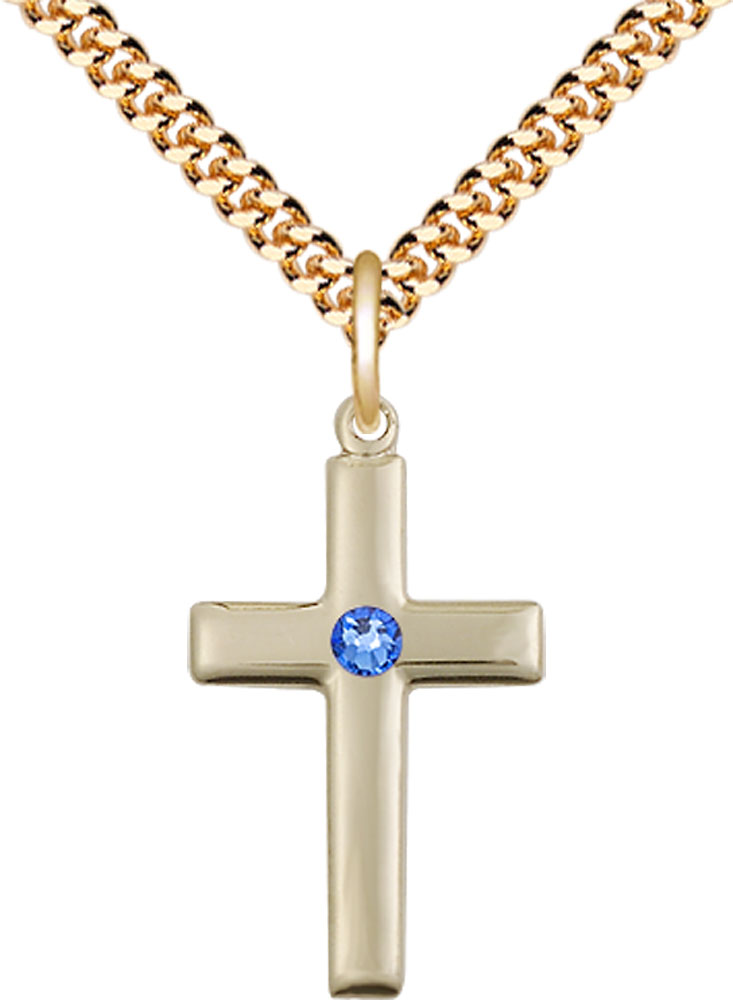 14kt Gold Filled Cross Pendant with a 3mm Sapphire Swarovski stone on a 24 inch Gold Plate Heavy Curb chain