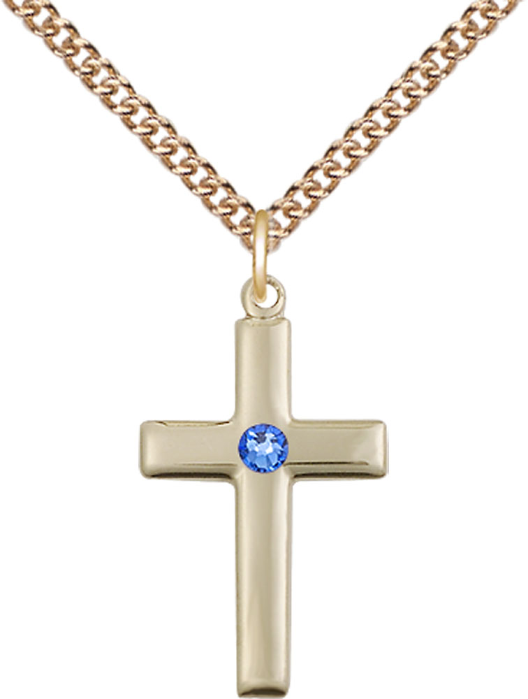 14kt Gold Filled Cross Pendant with a 3mm Sapphire Swarovski stone on a 24 inch Gold Filled Heavy Curb chain