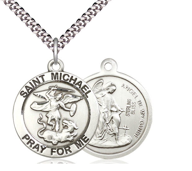 Sterling Silver Saint Michael the Archangel Pendant on a 24 inch Light Rhodium Heavy Curb chain