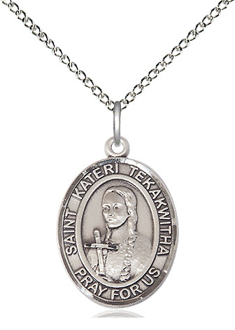 Sterling Silver Saint Kateri Tekakwitha Pendant on a 18 inch Sterling Silver Light Curb chain