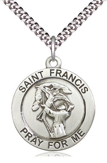 Sterling Silver Saint Francis of Assisi Pendant on a 24 inch Light Rhodium Heavy Curb chain