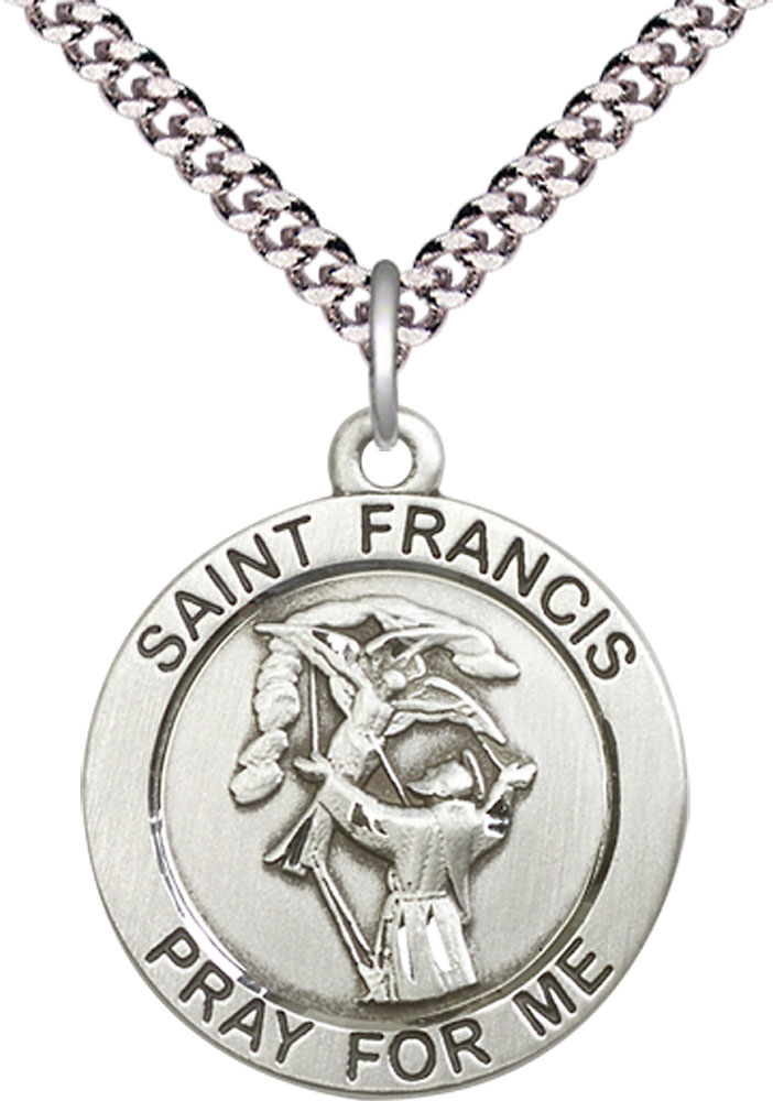 Sterling Silver Saint Francis of Assisi Pendant on a 24 inch Light Rhodium Heavy Curb chain