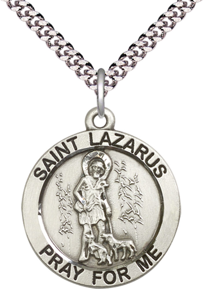 Sterling Silver Saint Lazarus Pendant on a 24 inch Light Rhodium Heavy Curb chain