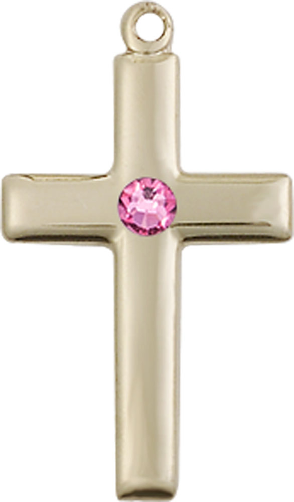 14kt Gold Cross Medal with a 3mm Rose Swarovski stone